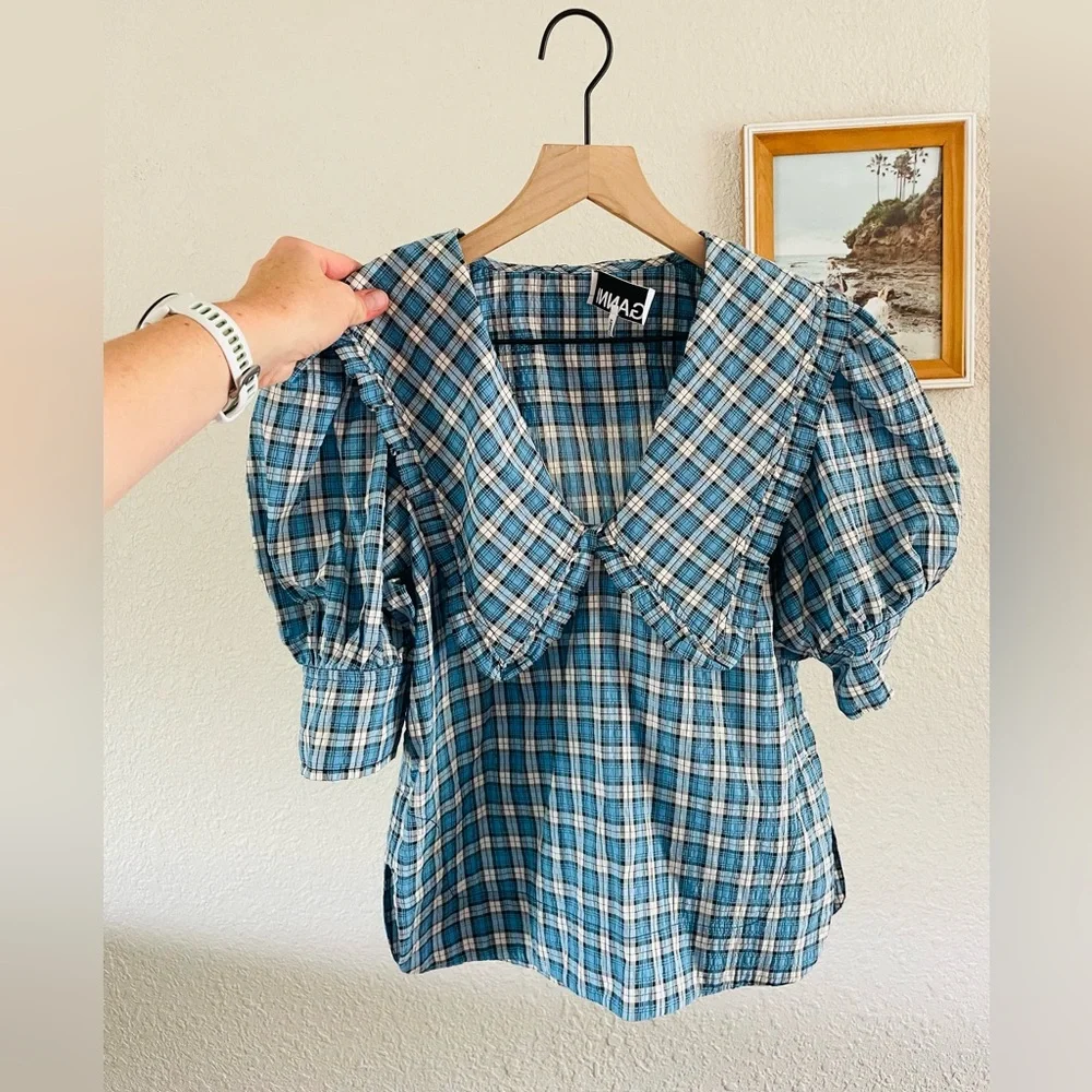 GANNI Seersucker Check V-Neck Ruffle Blouse in Azure Blue - Picture 5 of 14